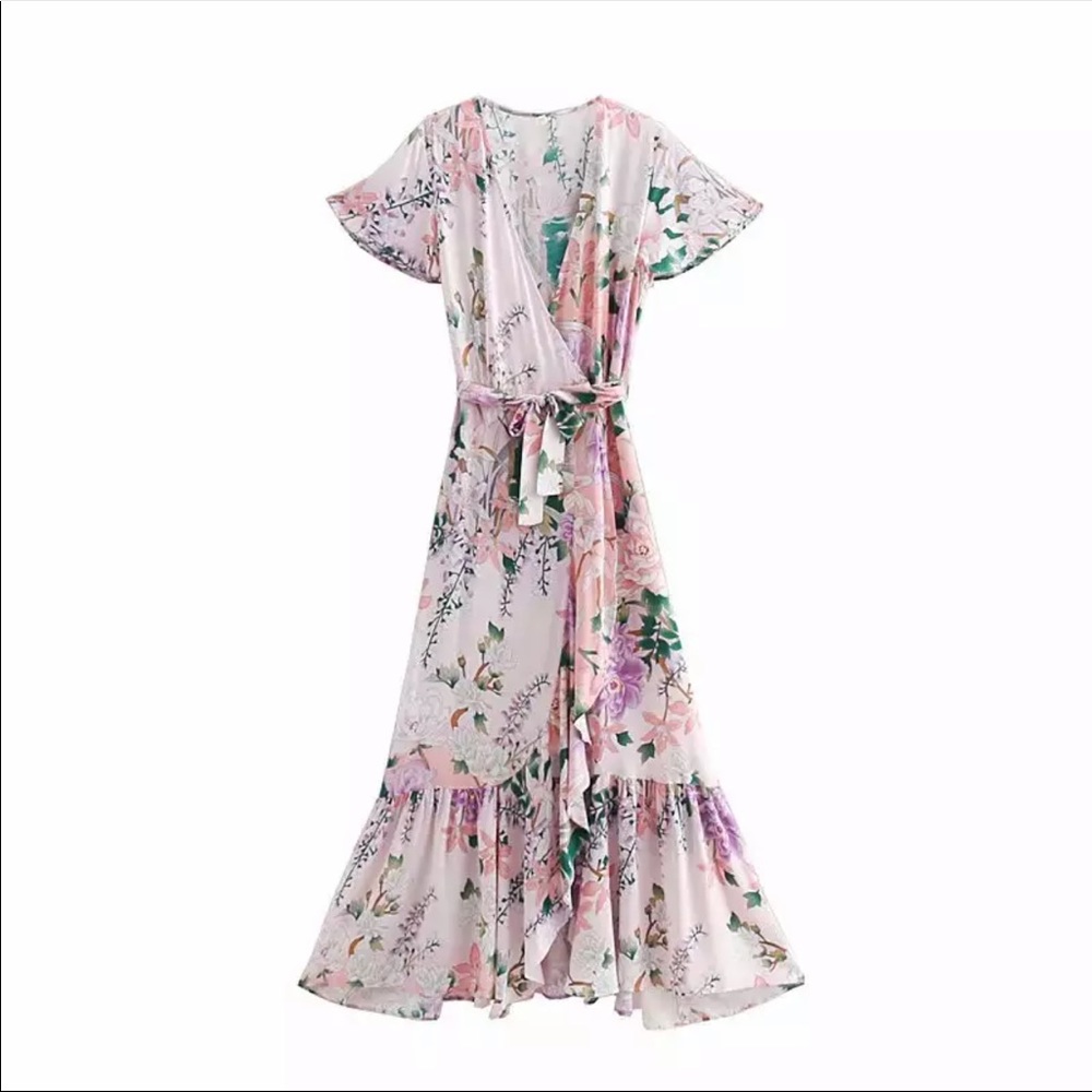 Pink Ruffle Boho Floral Gypsy Print Maxi Dress - Picture 8 of 11